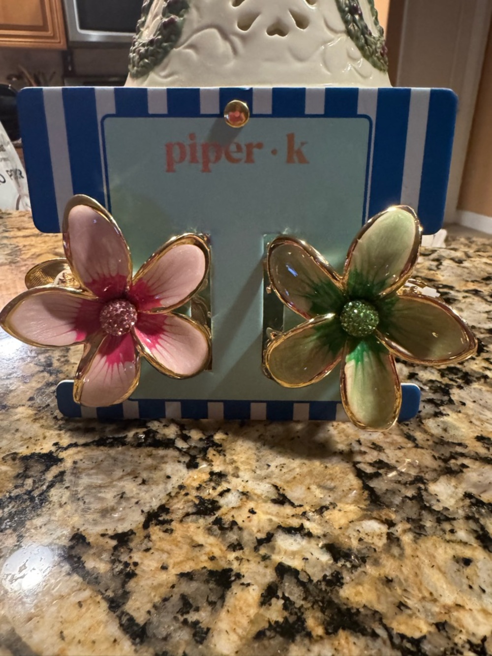 Piper - k Flower Hair Clips  - Pink & Green with Gold Trim - So Pretty